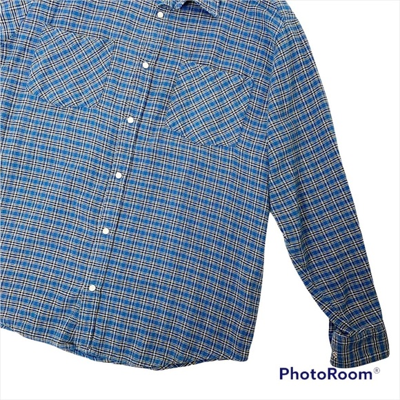 HABAND CASUAL JOE Blue Plaid Flannel Pearl Snap Button-Up Shirt Large - Picture 3 of 11